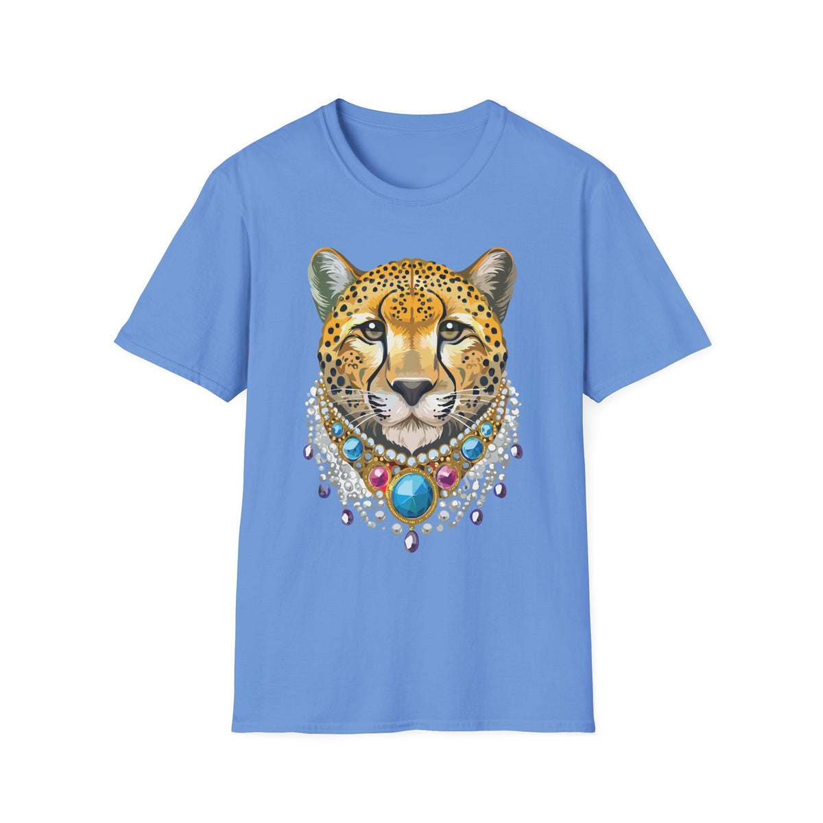 Leopard Portrait T-Shirt | Detailed Cheetah Face with Gem Necklace
