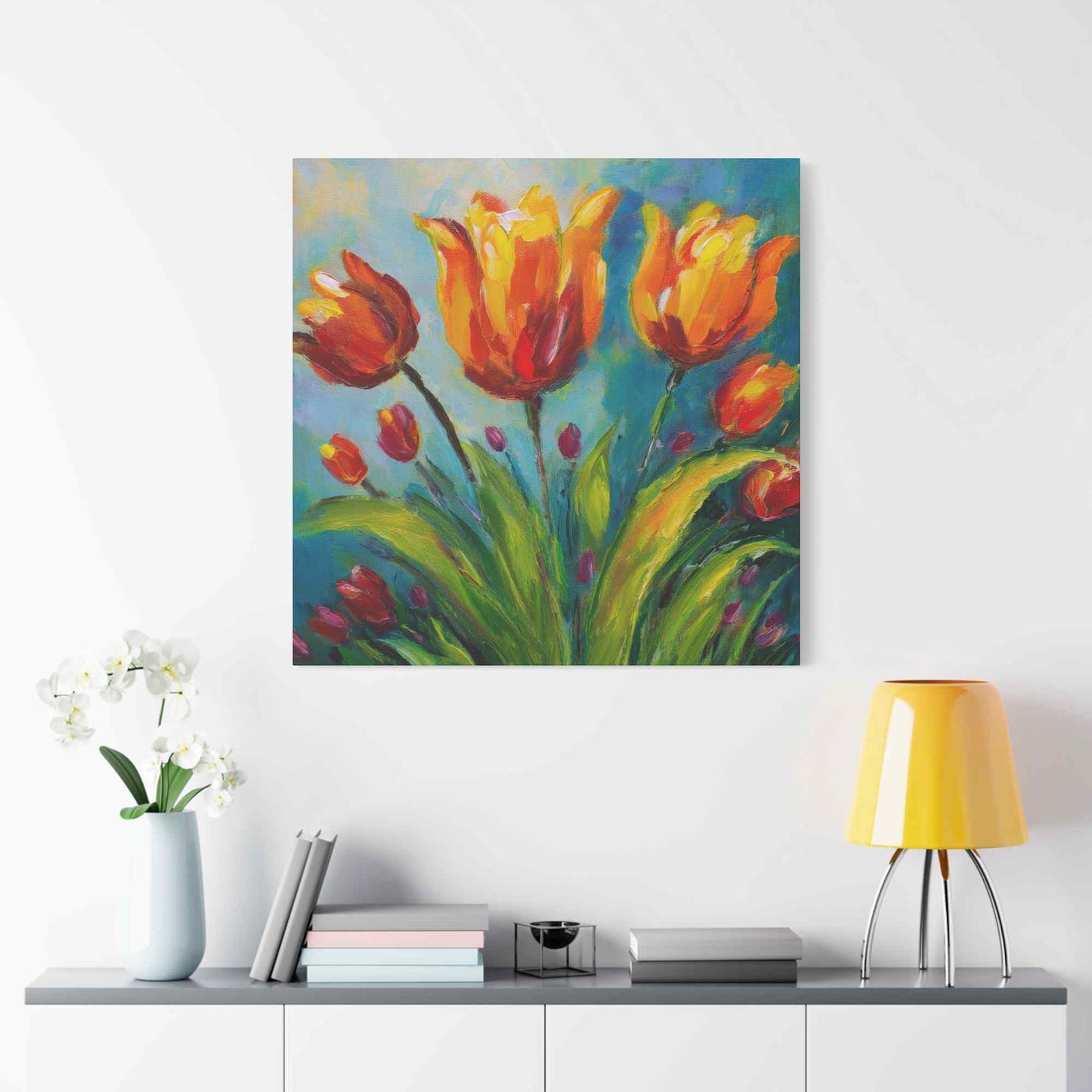 Tulips Print Canvas, Floral Oil Paint Print 20x20, 24x24, 30x30, 32x32, 36x36 Art Design Pine-Wood Inner Frame MC-143