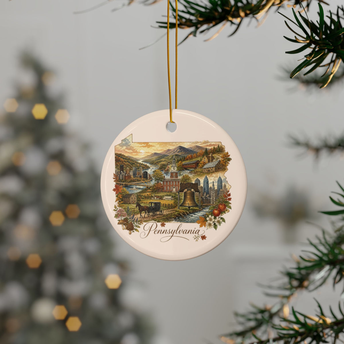 Pennsylvania Vintage Collage Ornament ceramic ornament | state souvenirs - 2.99" Includes Gold String