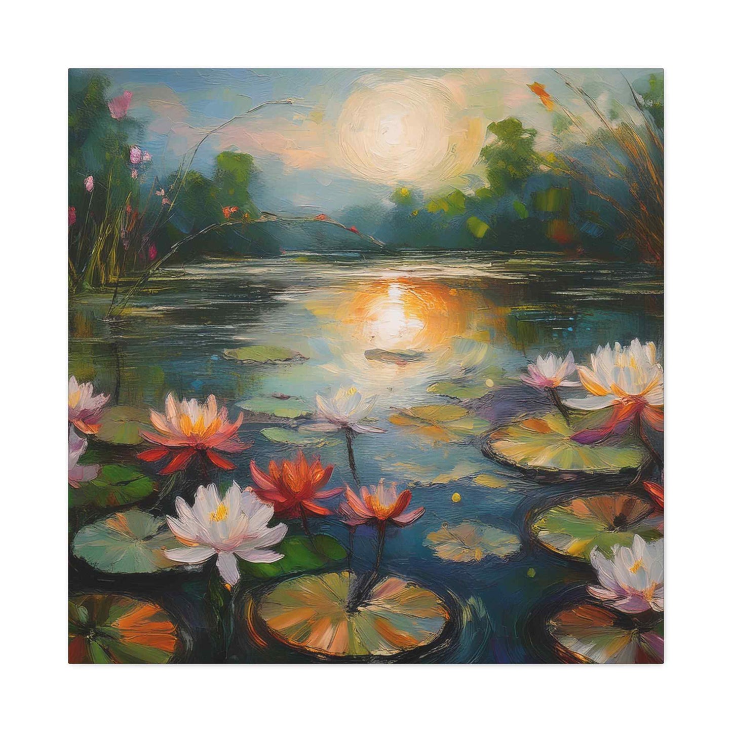 Water Lilies Print Canvas, Oil Paint Print 20x20, 24x24, 30x30, 32x32, 36x36 Floral Art Print Pine-Wood Inner Frame MC-66