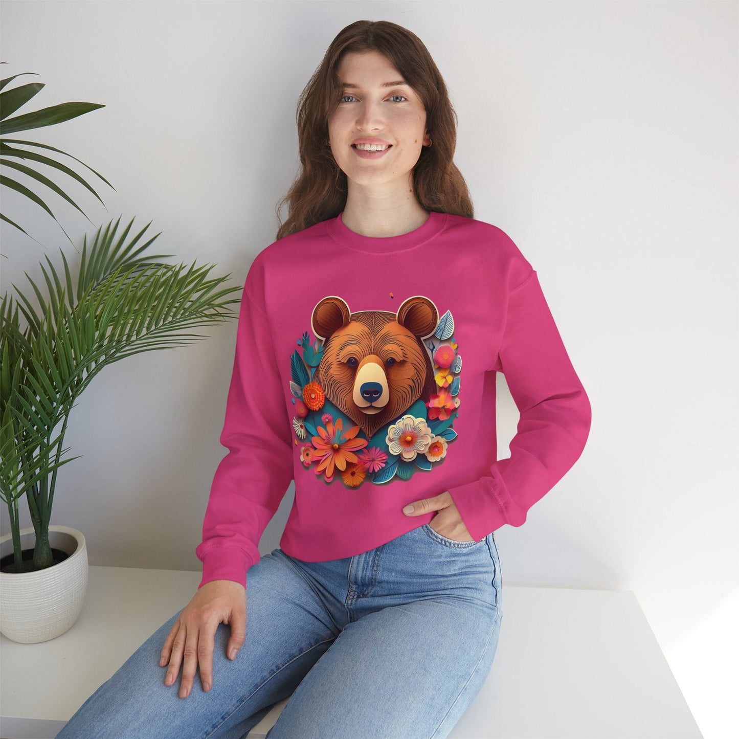 Unisex Floral Bear Sweatshirt Art Design Gildan 18000 Heavy Blend Crewneck