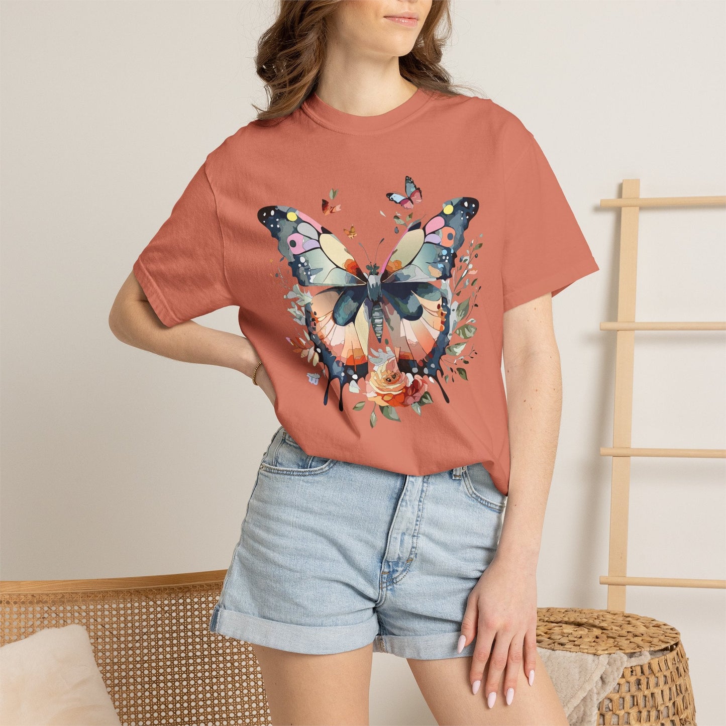 Butterfly Floral Print T-Shirt Botanical Design Unisex Heavy Cotton Tee b3