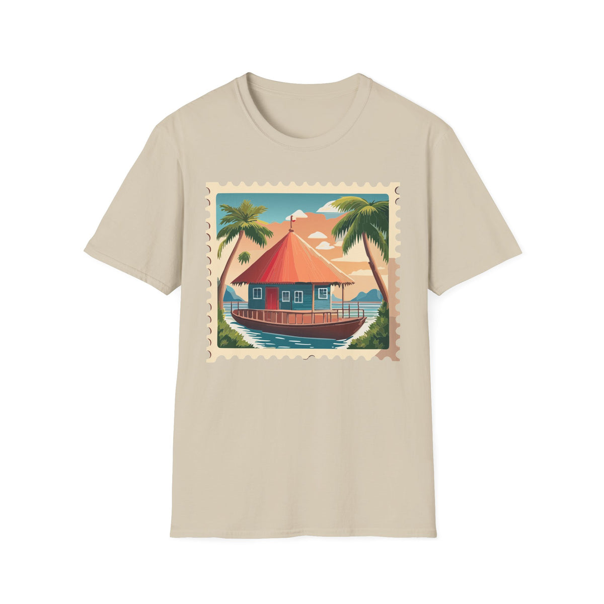 Tropical Beach Cottage T-Shirt | Palm Trees, Sunset Hut Graphic Tee Unisex 100 Cotton Gildan T-Shirt