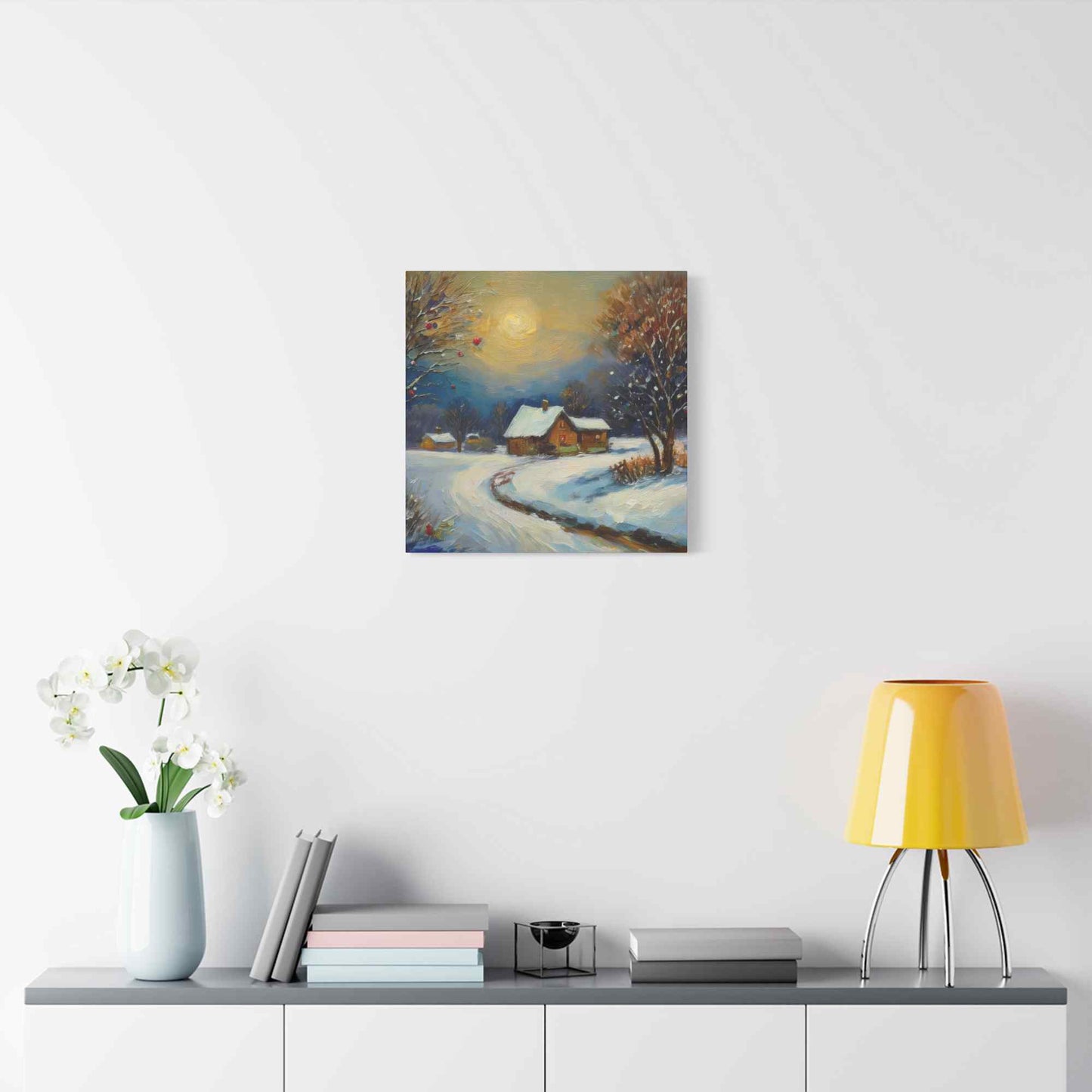 Countryside Winter Print Canvas, Oil Paint Print 20x20, 24x24, 30x30, 32x32, 36x36 Art Design Pine-Wood Inner Frame MC-112