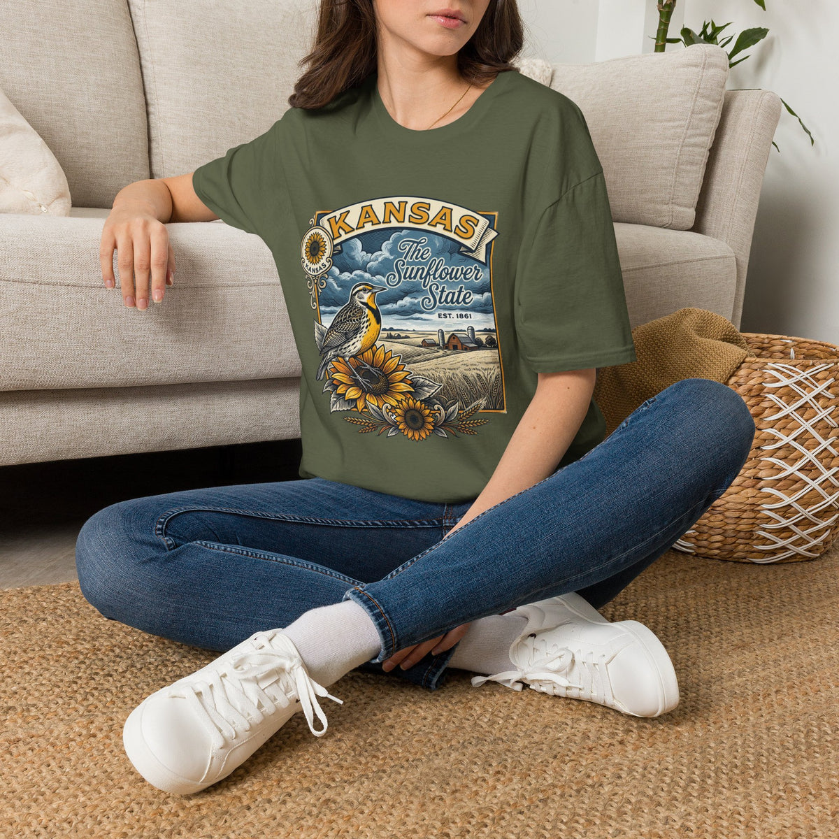 Kansas Sunflower State T-Shirt | Meadow Bird Vintage Travel Tourist Graphic Design Unisex 100 Cotton Gildan T-Shirt