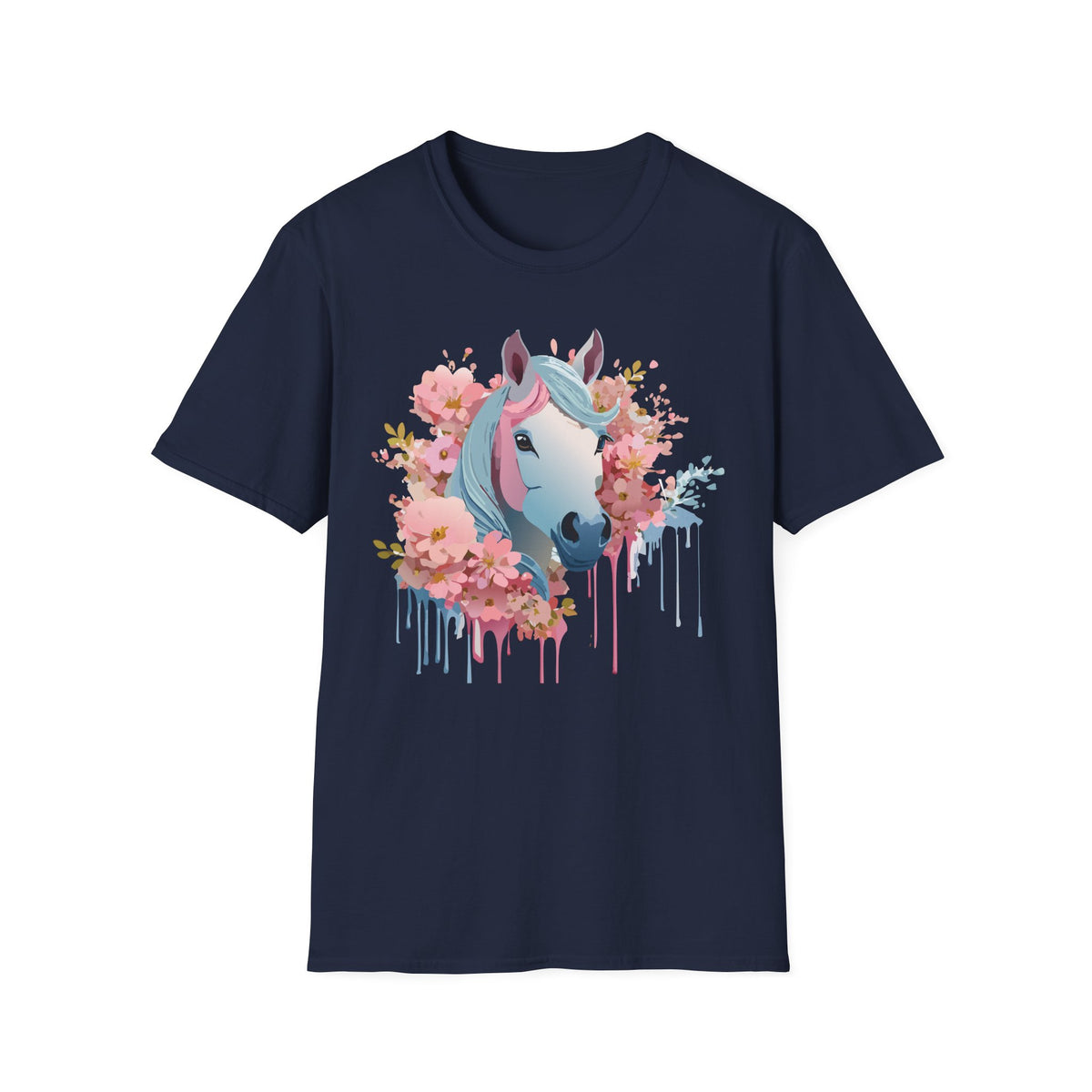 Pastel Floral Unicorn T-Shirt | Horse Portrait, Pink Blue Mane