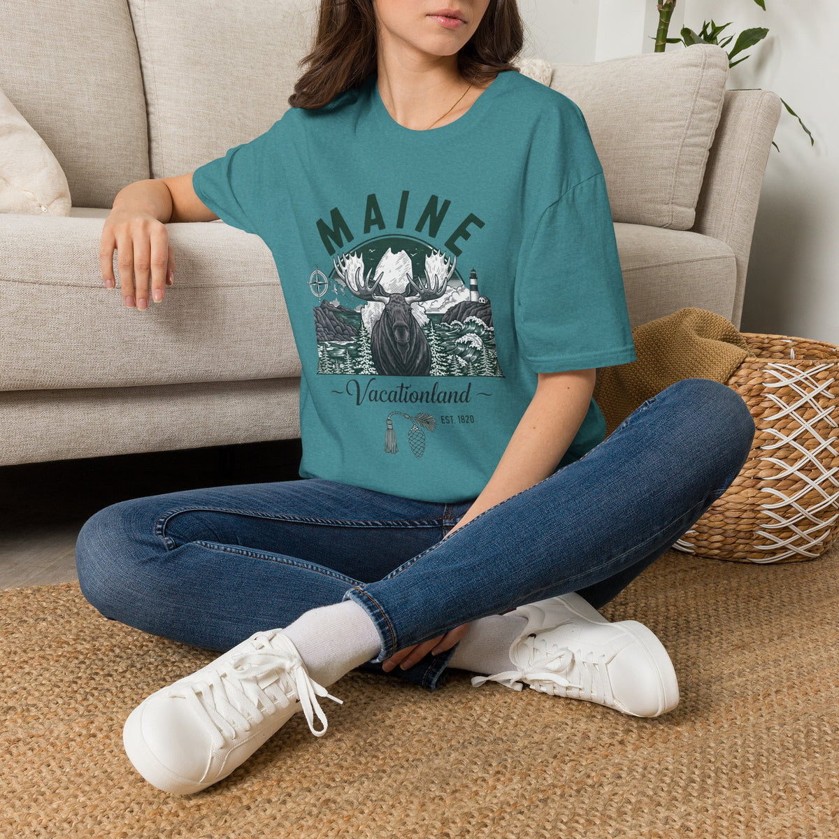 Maine Vacationland Moose T-Shirt — Rustic Coastal State Pride Tee Travel Tourist Graphic Design Unisex 100 Cotton Gildan T-Shirt