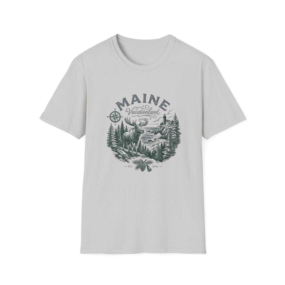 Maine Wilderness Moose Graphic T-Shirt — Vintage State Nature Travel Tourist Graphic Design Unisex 100 Cotton Gildan T-Shirt