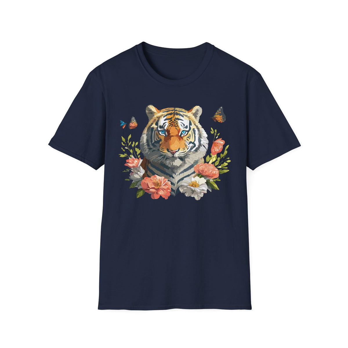 Floral Tiger Portrait T-Shirt | Watercolor Big Cat with Butterflies