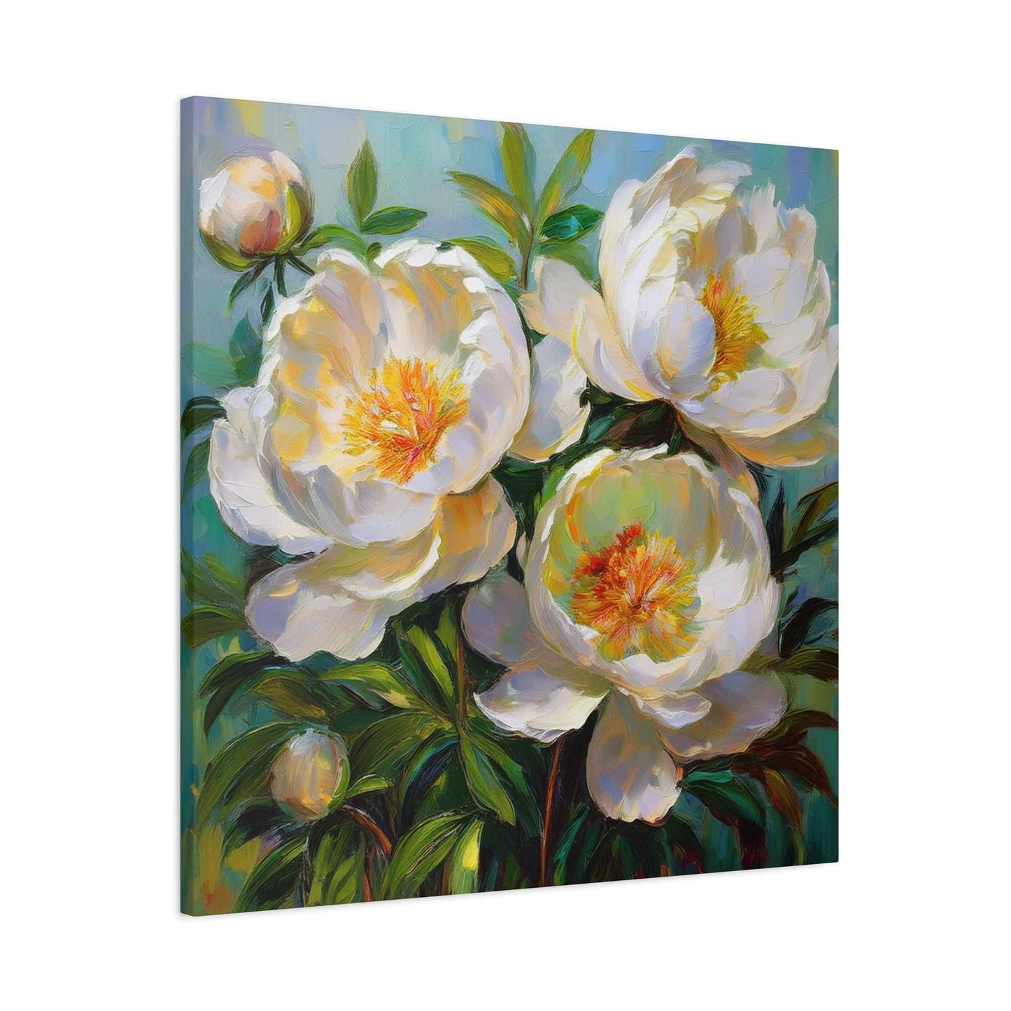 White Peonies Print Canvas, Floral Oil Paint Print 20x20, 24x24, 30x30, 32x32, 36x36 Art Design Pine-Wood Inner Frame MC-117