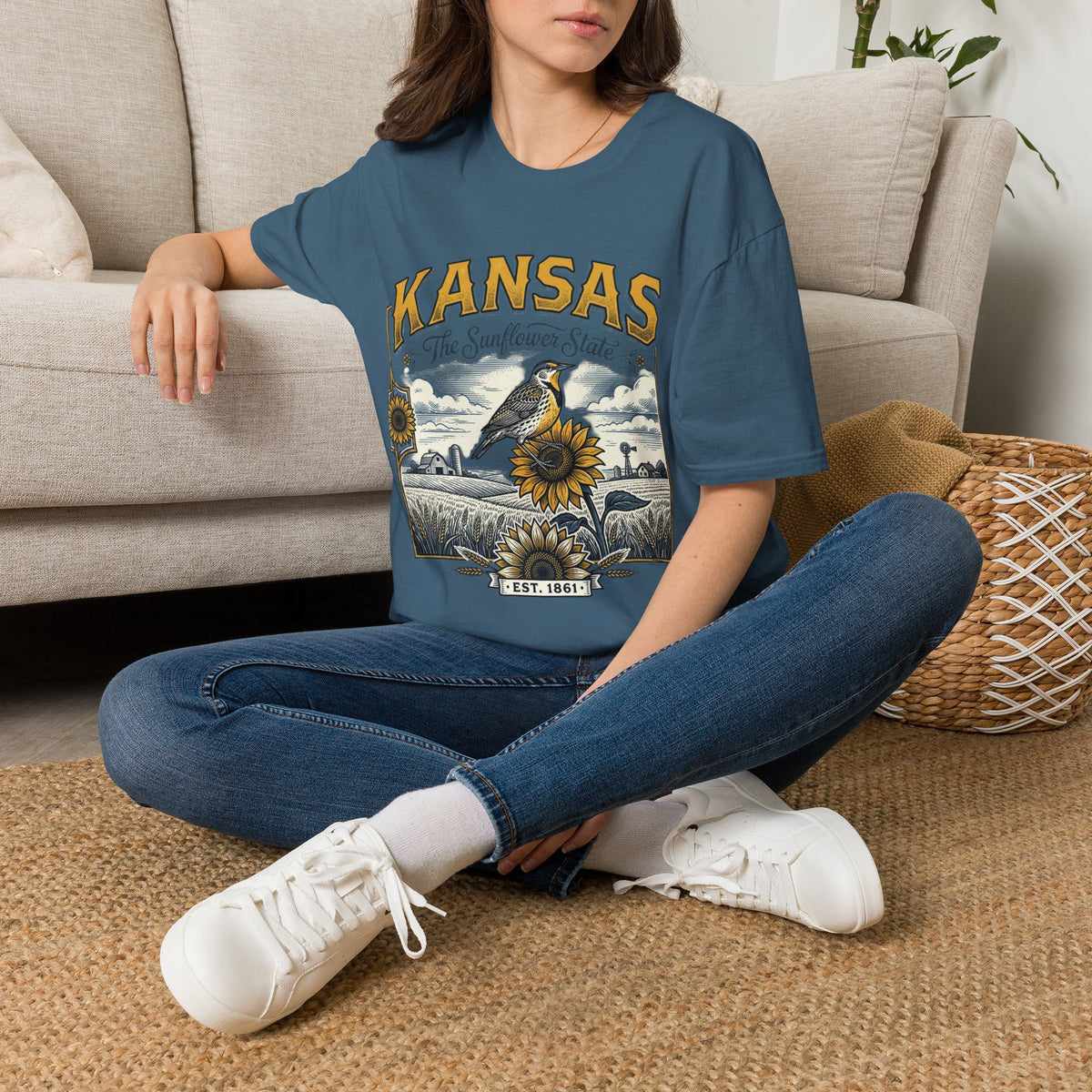 Kansas The Sunflower State T-Shirt | Vintage Meadow Bird Sunflower Design