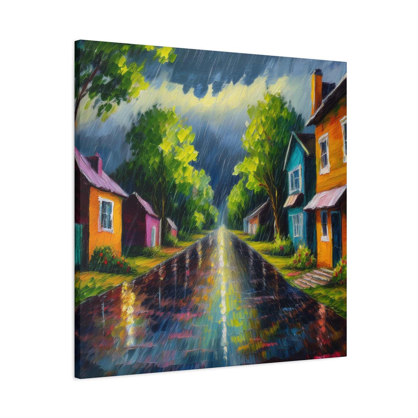 Rainy Village Street Canvas, Matte Oil Paint Print 20x20, 24x24, 30x30, 32x32, 36x36, Art Design Print Non-Frame MC-2
