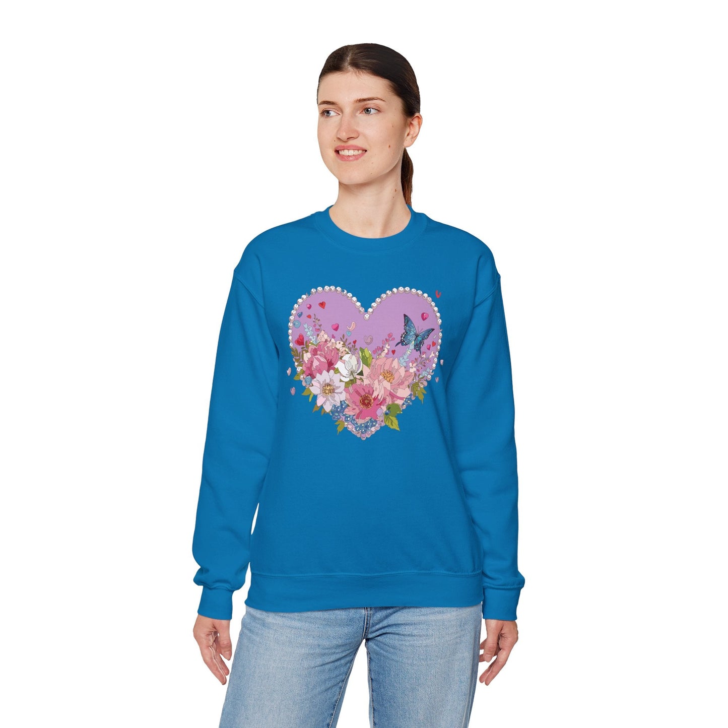 Floral Heart Sweatshirt Unisex Crewneck Valentines Day Heavy Blend Gildan 18000 Cozy Warm