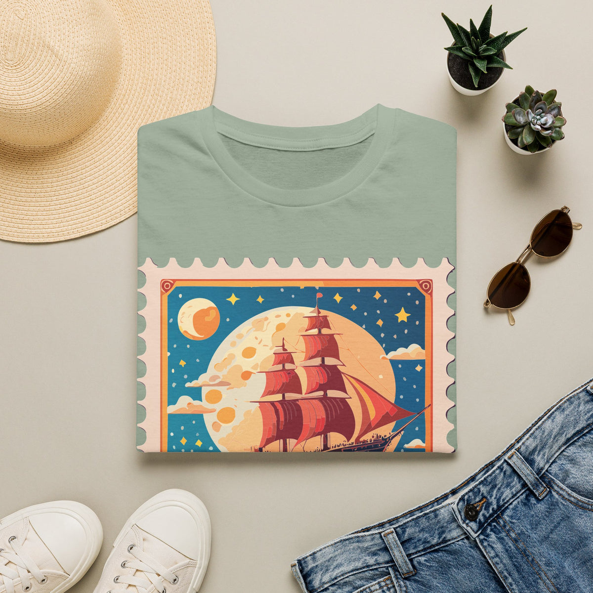 Vintage Sailing Ship Stamp T-Shirt | Retro Moon Ocean Illustration