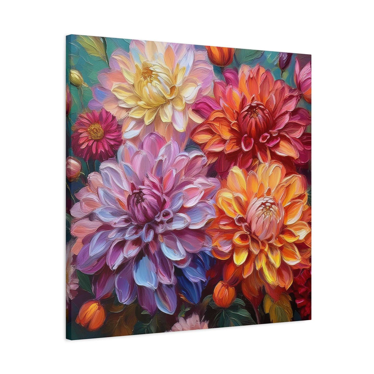 Dahlias Floral Print Canvas, Floral Oil Paint Print 20x20, 24x24, 30x30, 32x32, 36x36 Art Design Pine-Wood Inner Frame MC-167