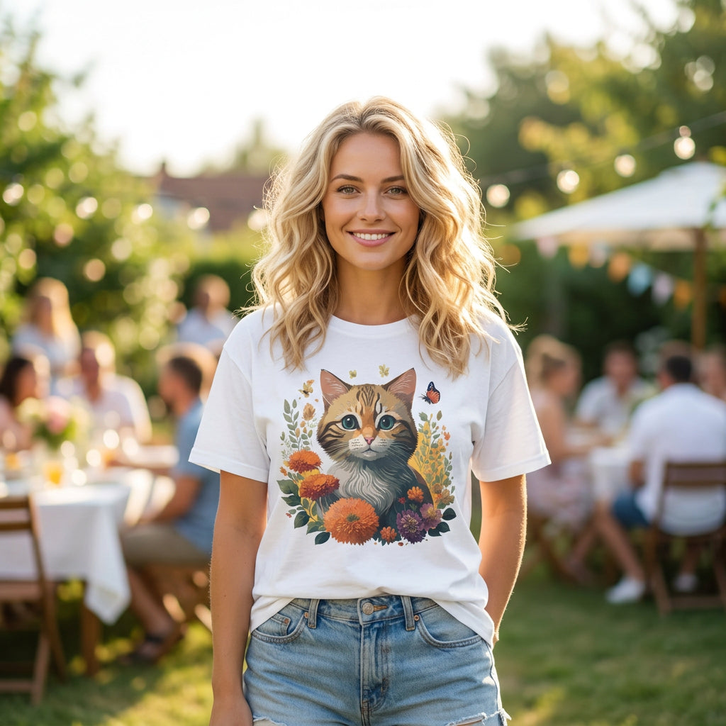 Cute Tabby Kitten Floral Illustration T-Shirt | Cat, Butterfly, Wildflowers Graphic Tee Unisex 100 Cotton Gildan T-Shirt