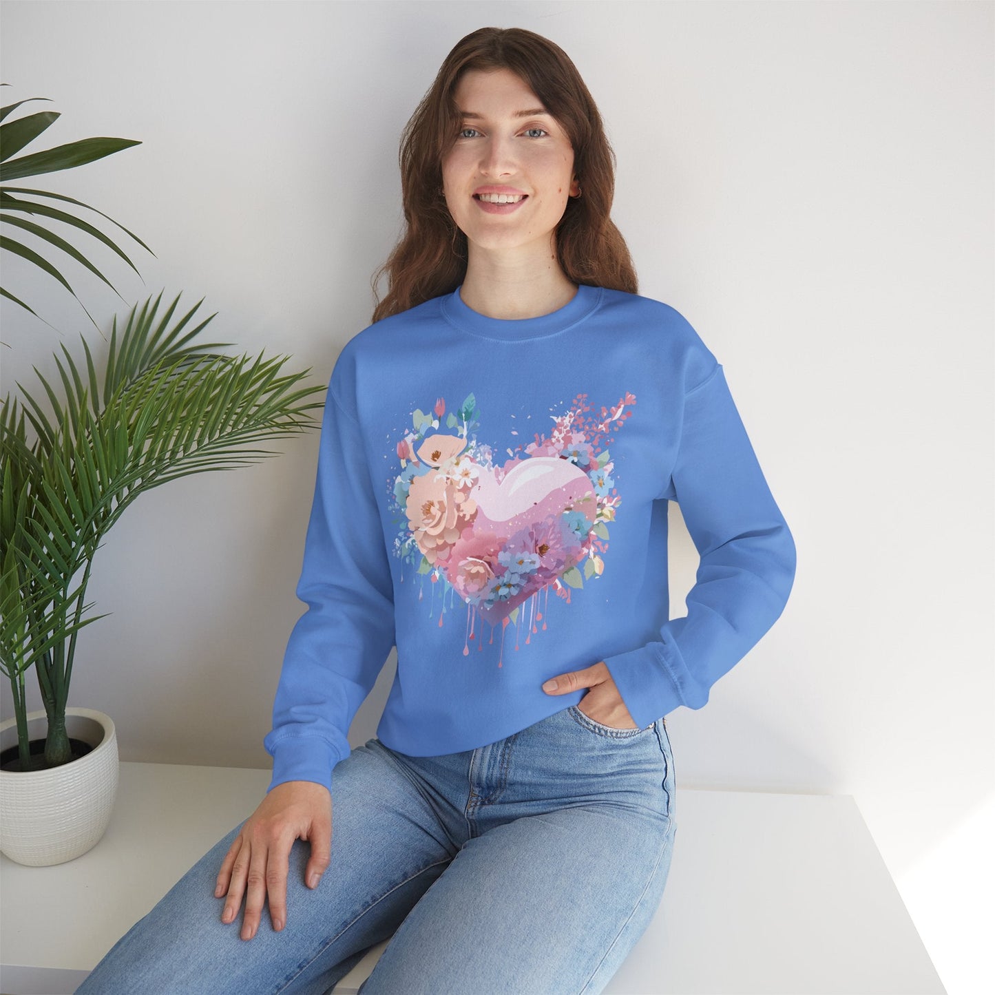 Floral Heart Sweatshirt Unisex Crewneck Valentines Day Floral Love Gildan 18000 Premium