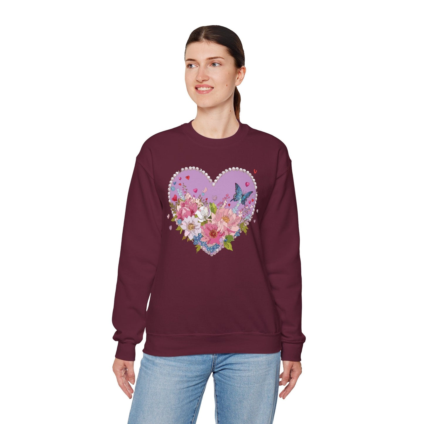 Floral Heart Sweatshirt Unisex Crewneck Valentines Day Heavy Blend Gildan 18000 Cozy Warm