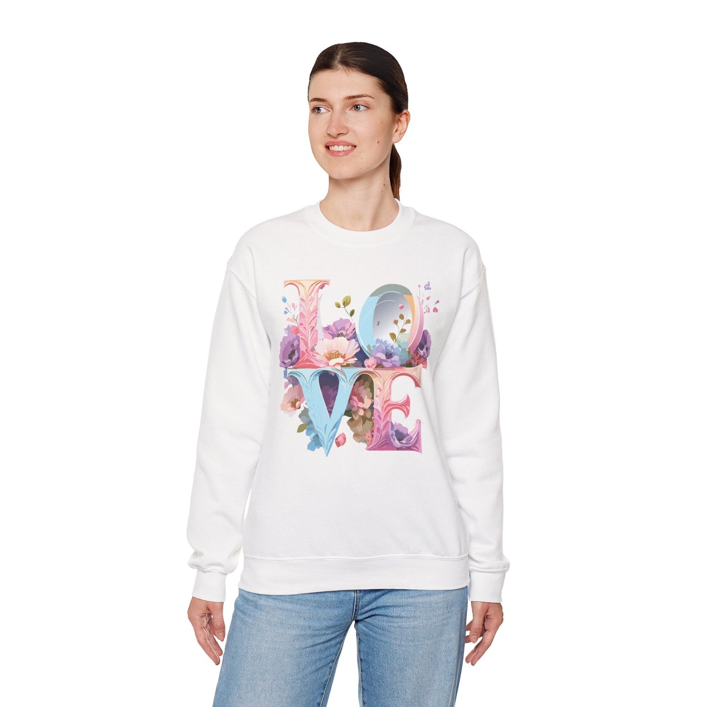 Floral Love Sweatshirt Unisex Crewneck Fifty Fifty Cotton Polyester Valentine Gift