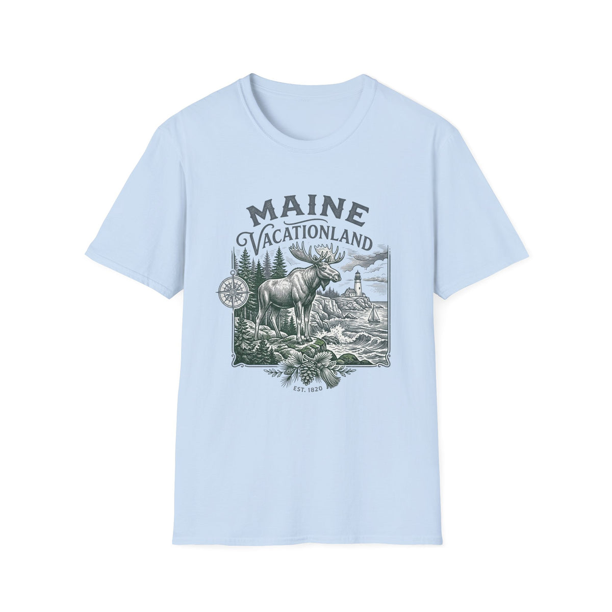Maine Vacationland T-Shirt – Vintage Moose, Lighthouse State Travel Travel Tourist Graphic Design Unisex 100 Cotton Gildan T-Shirt