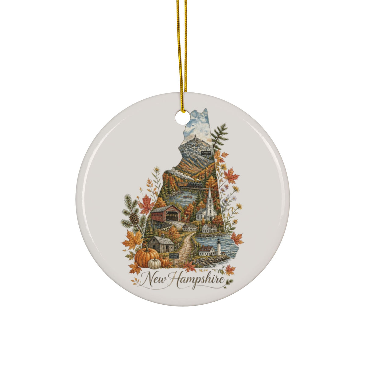 New Hampshire State Illustration Ornament | Ceramic Round Holiday Decor - 2.99" Includes Gold String