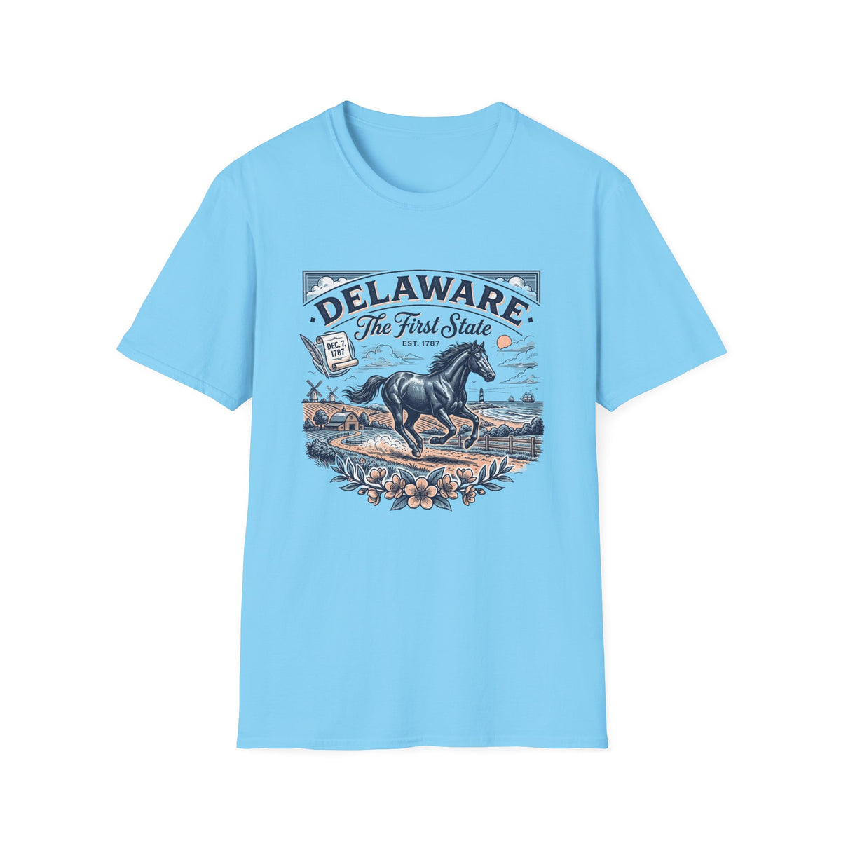 Delaware The First State Horse Travel Tourist Graphic Tee Unisex 100 Cotton Gildan T-Shirt