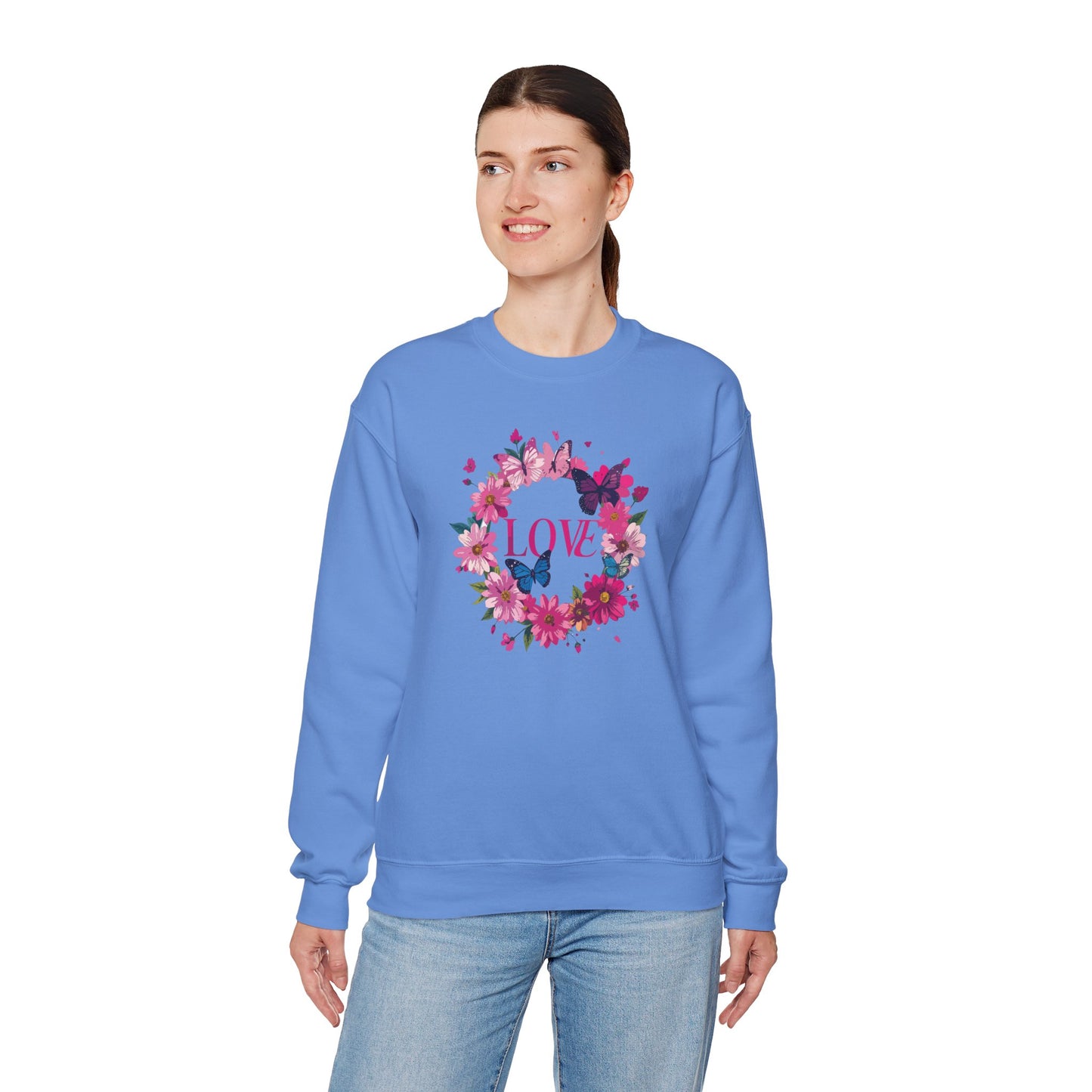 Unisex Floral Love Sweatshirt, Love Floral Sweatshirt, Floral Butterfly Sweatshirt, 50/50 Cotton-Poly Valentine's Day Sweatshirt 04