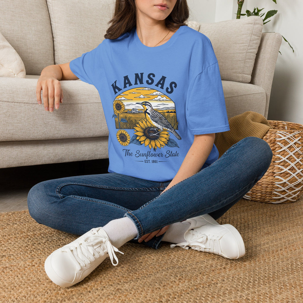 Kansas Sunflower State T-Shirt — Meadowlark Sunflowers Travel Tourist Graphic Design Unisex 100 Cotton Gildan T-Shirt