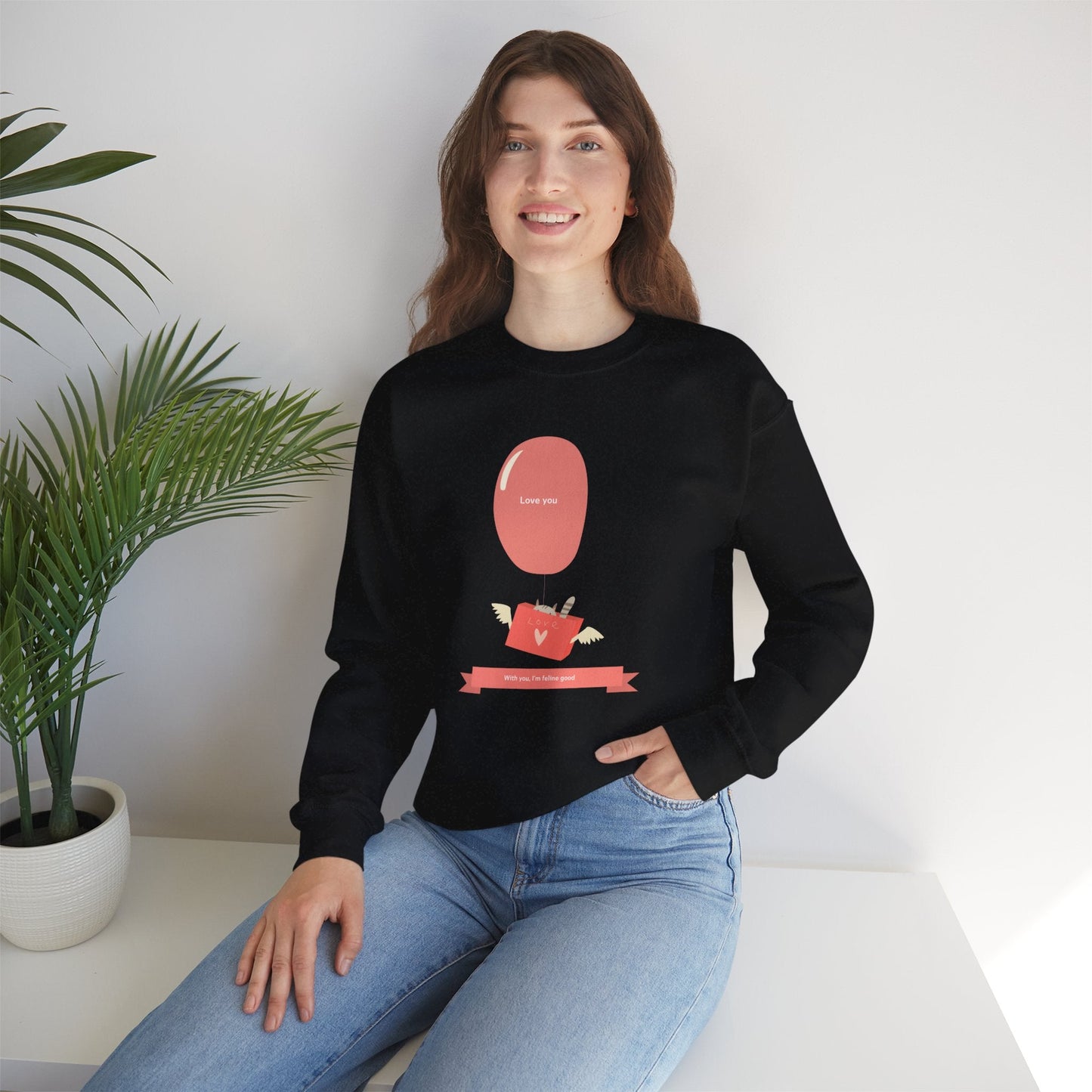 Cat Love Balloon Sweatshirt Unisex Fifty Fifty Cotton Poly Valentine Heavy Blend Crewneck Sweatshirt