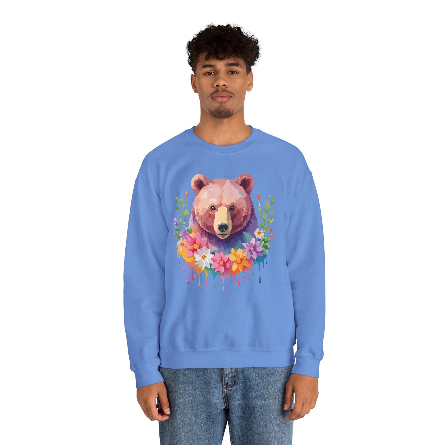Unisex Floral Bear Sweatshirt Art Design Animals Sweatshirt Cozy Cotton Blend