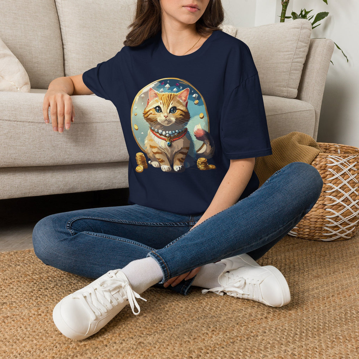 Lucky Cat Illustration T-Shirt | Cute Ginger Kitten, Whimsical Charm