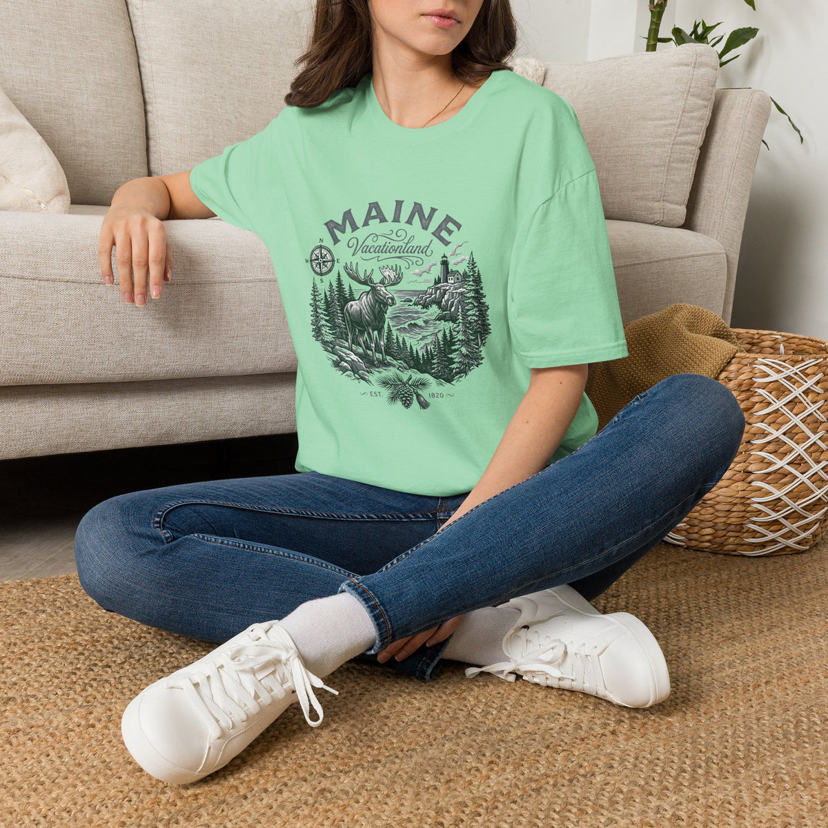 Maine Wilderness Moose Graphic T-Shirt — Vintage State Nature Travel Tourist Graphic Design Unisex 100 Cotton Gildan T-Shirt