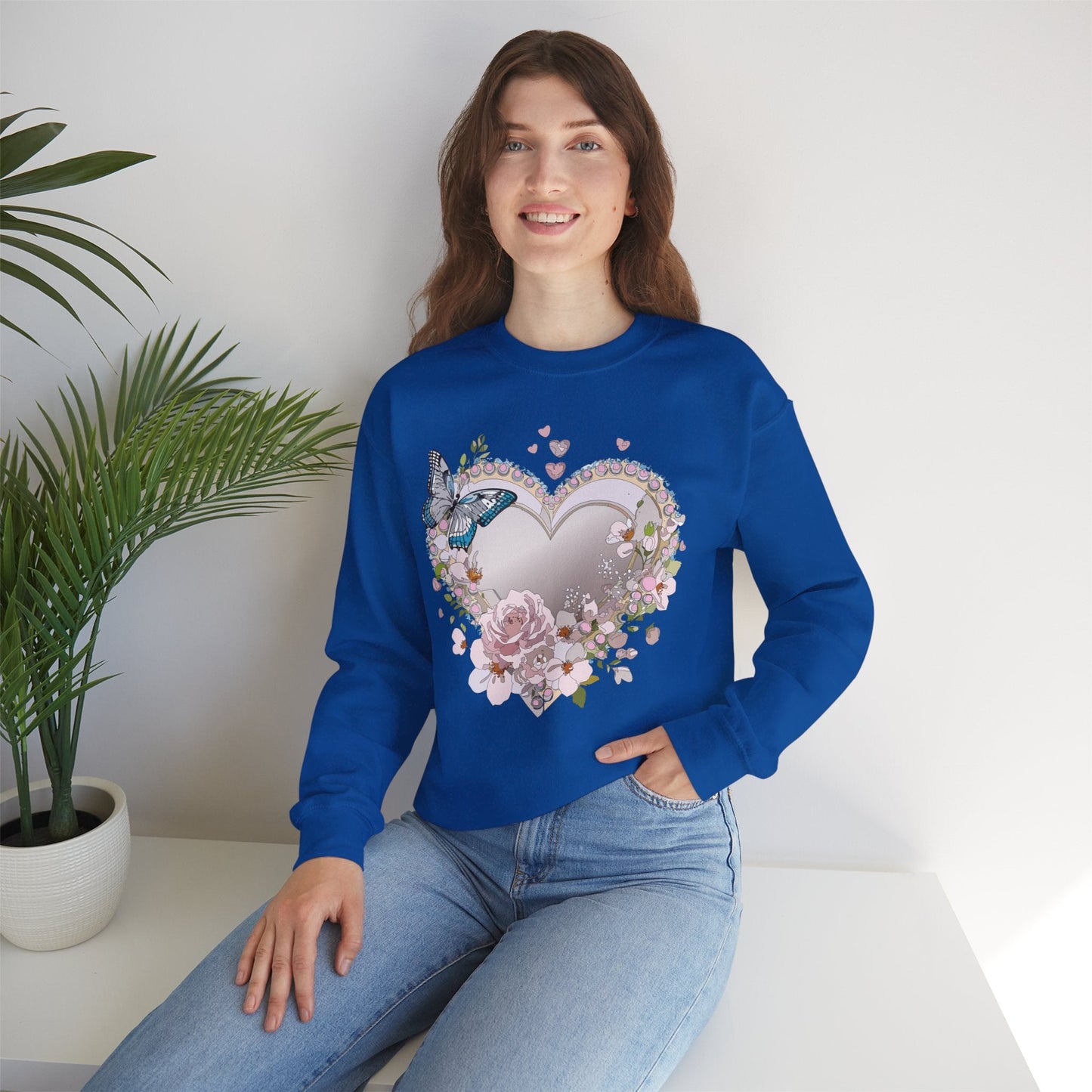 Unisex Floral Heart Sweatshirt For Valentines Day With Floral Love Print Crewneck Heavy Blend