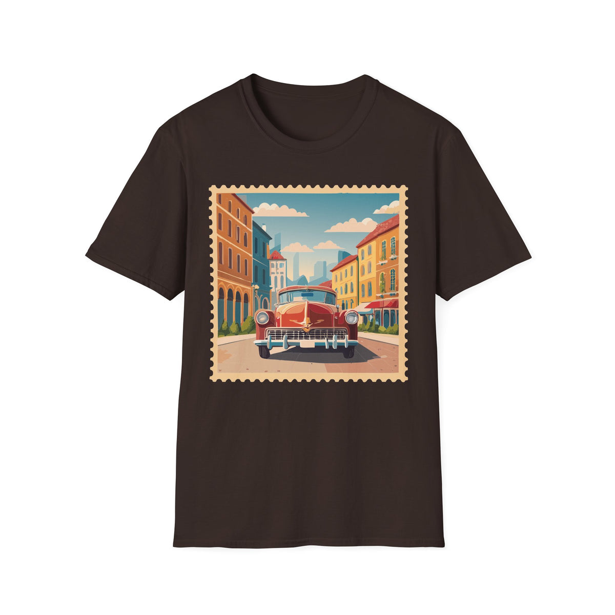 Vintage Cityscape Stamp T-Shirt | Retro Car Street Graphic Tee Unisex 100 Cotton Gildan T-Shirt