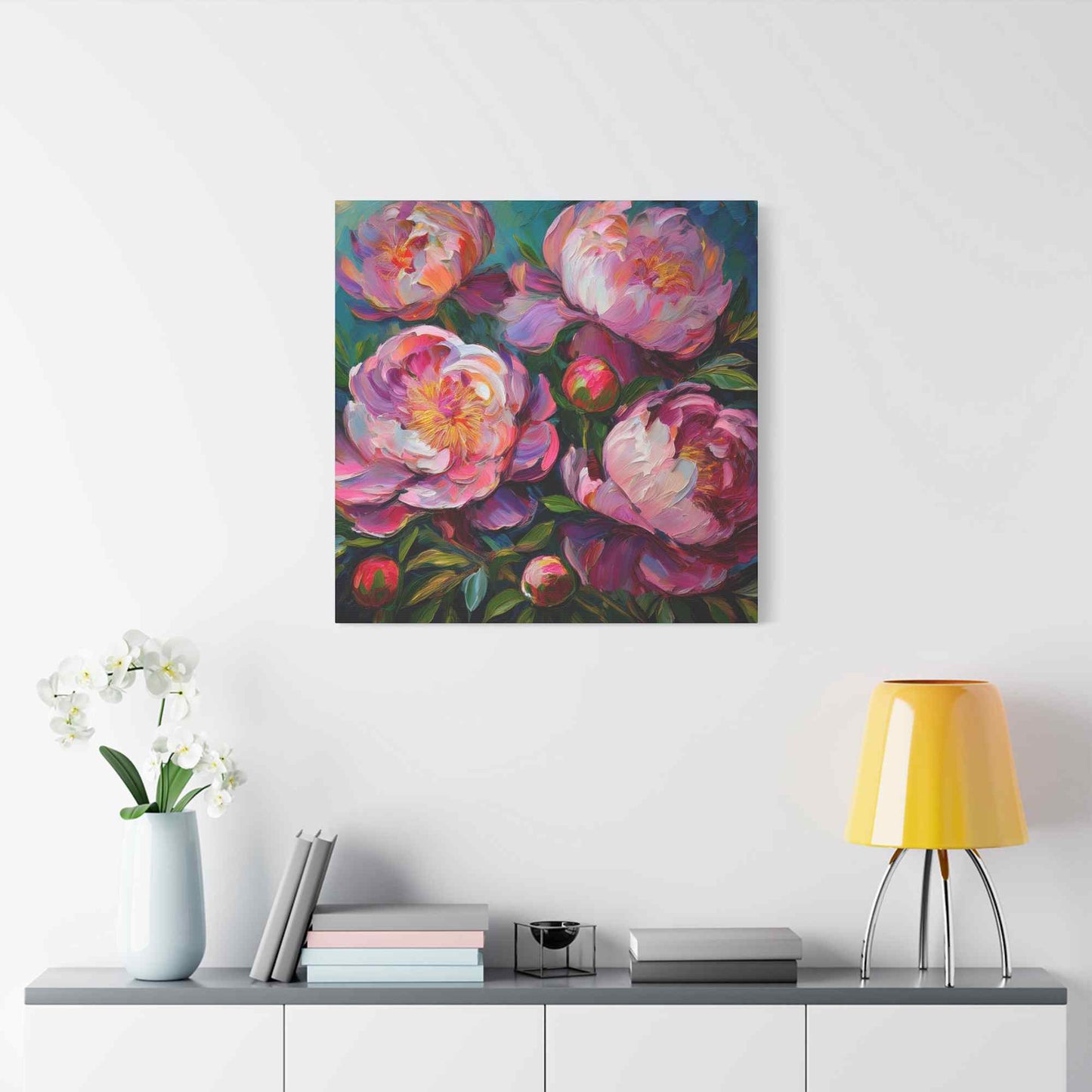 Pink Peonies Print Canvas, Floral Oil Paint Print 20x20, 24x24, 30x30, 32x32, 36x36 Art Design Pine-Wood Inner Frame MC-114