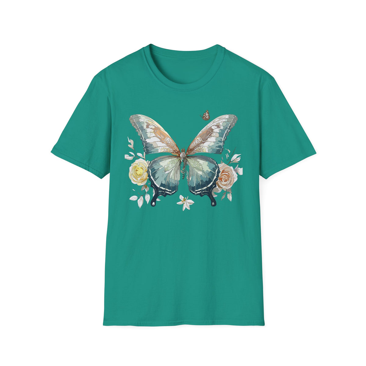 Teal Watercolor Butterfly T-Shirt | Floral Accent Graphic Tee Unisex 100 Cotton Gildan T-Shirt