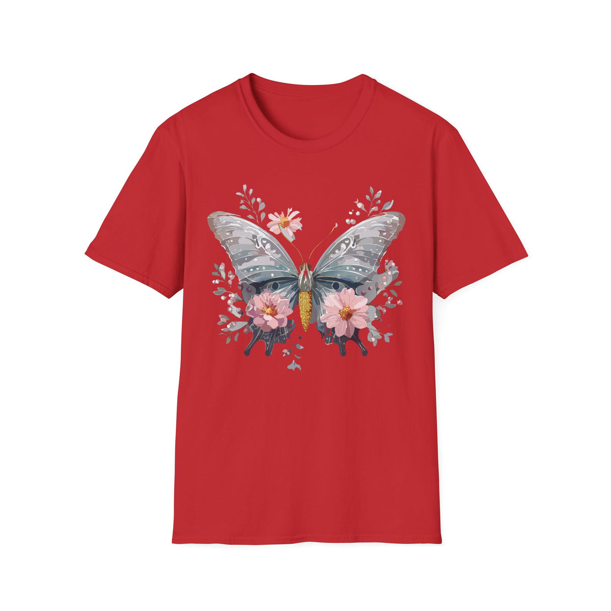Butterfly Floral T‑Shirt — Watercolor Moth & Pink Flowers Graphic Tee Unisex 100 Cotton Gildan T-Shirt