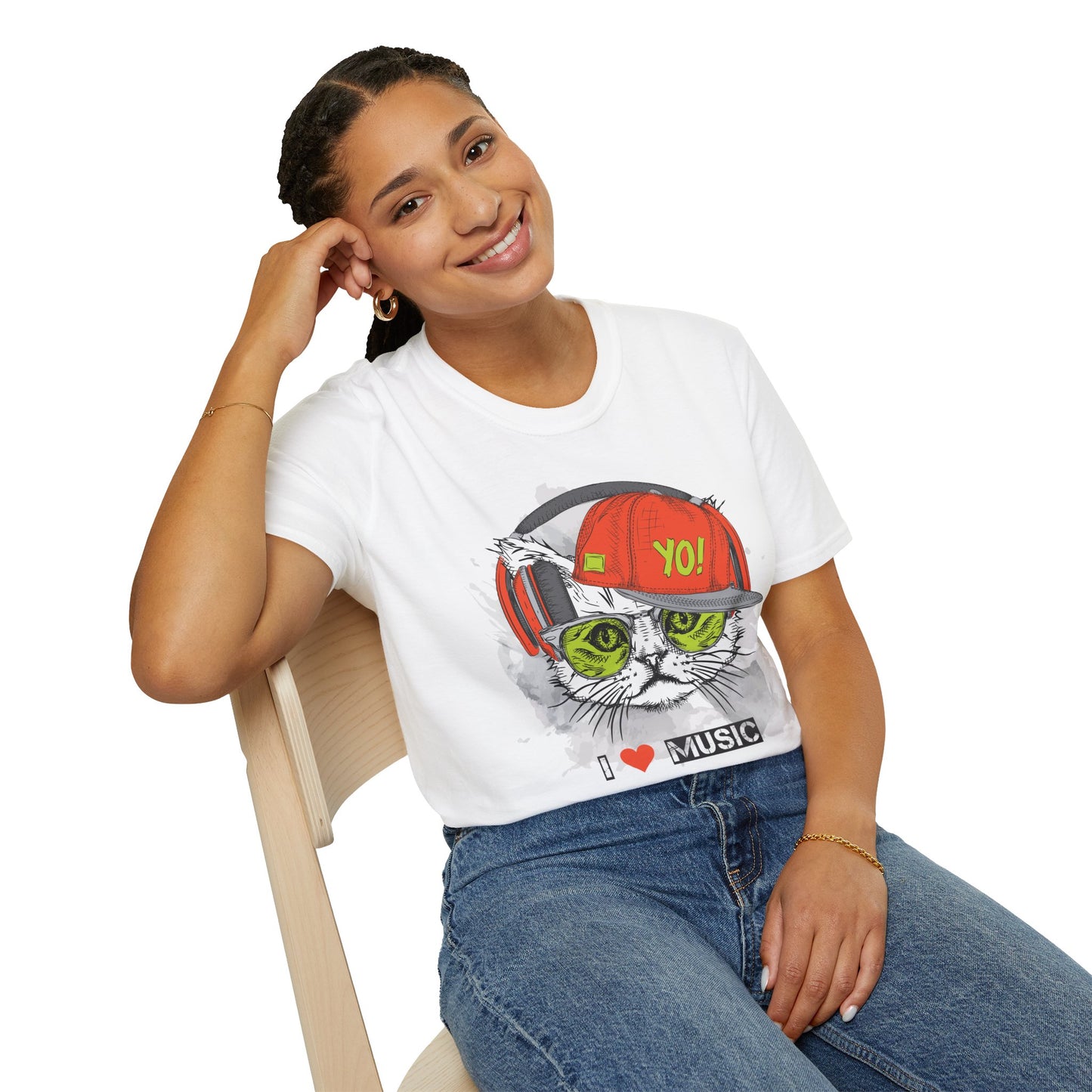 Cat DJ T-Shirt Unisex Cotton Short Sleeves I Love Music Graphic Tee