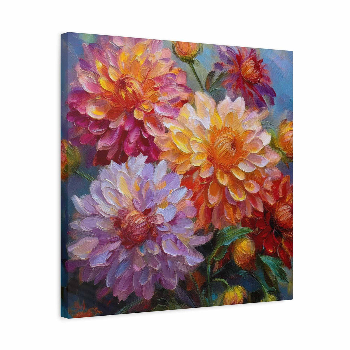 Dahlias Floral Print Canvas, Floral Oil Paint Print 20x20, 24x24, 30x30, 32x32, 36x36 Art Design Pine-Wood Inner Frame MC-165