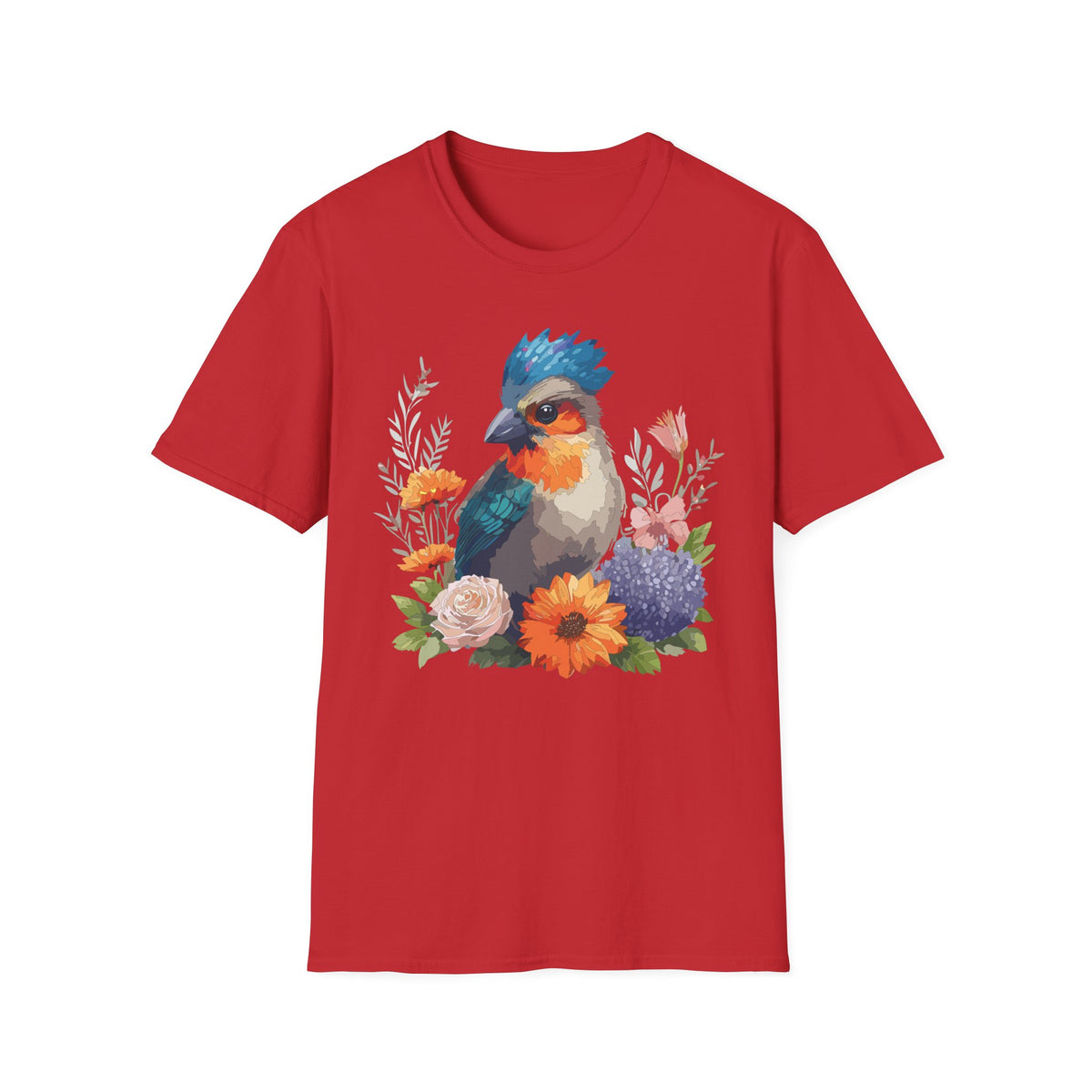 Colorful Crested Bird T-Shirt | Watercolor Floral Illustration