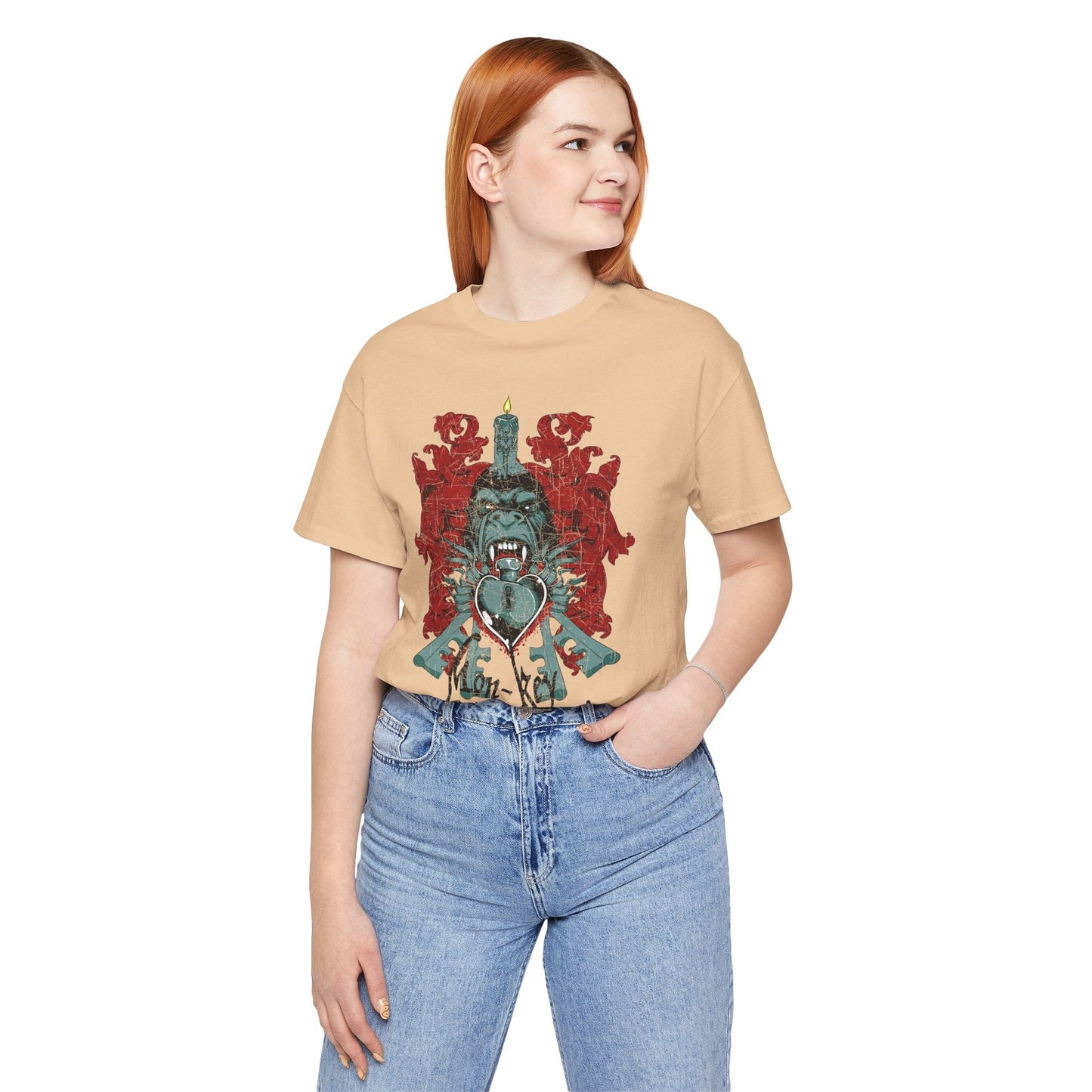 Gorilla Crest with Sword and Heart T-Shirt Heraldic Gothic Design Rock Band T-Shirt