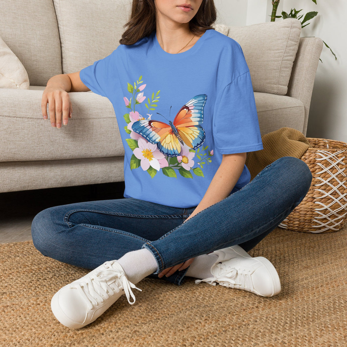 Butterfly Floral T-Shirt — Watercolor Orange & Blue Butterfly on Blossoms Graphic Design Unisex 100 Cotton Gildan T-Shirt