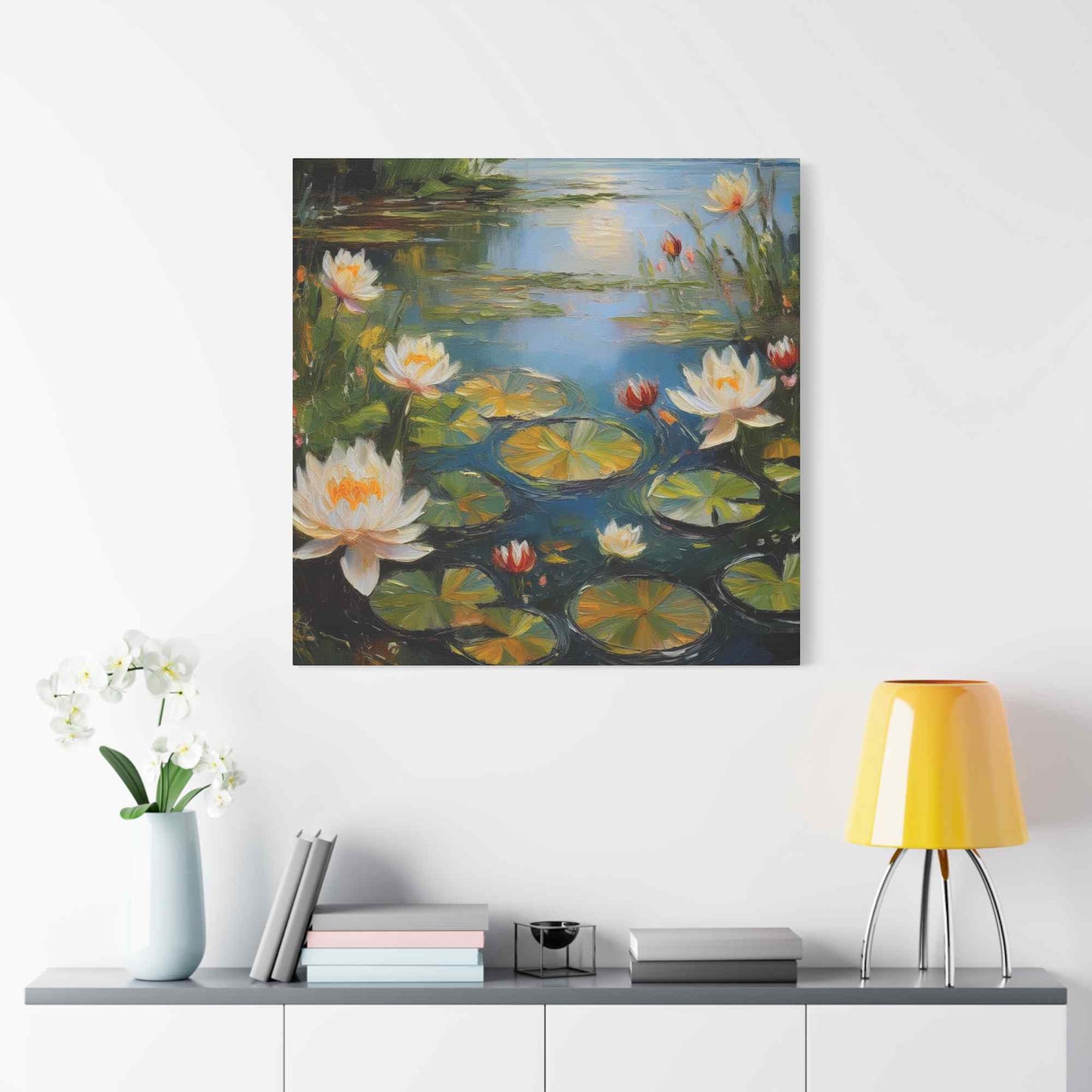 Water Lilies Print Canvas, Oil Paint Print 20x20, 24x24, 30x30, 32x32, 36x36 Floral Art Print Pine-Wood Inner Frame MC-64
