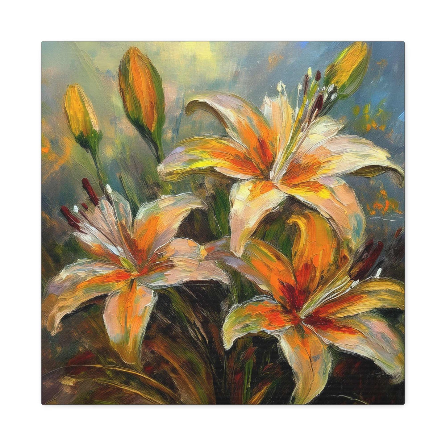 Gold Lilies Print Canvas, Floral Oil Paint Print 20x20, 24x24, 30x30, 32x32, 36x36 Art Design Pine-Wood Inner Frame MC-152