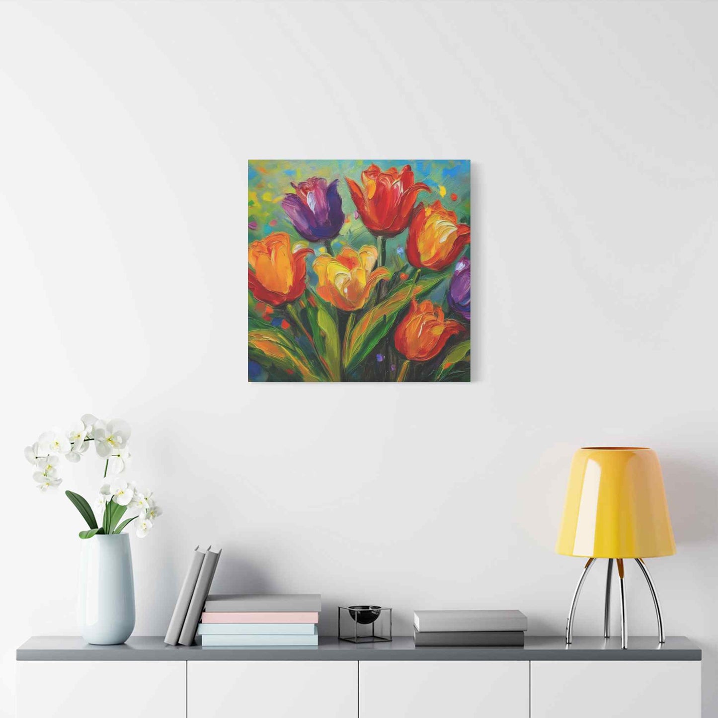 Tulips Print Canvas, Floral Oil Paint Print 20x20, 24x24, 30x30, 32x32, 36x36 Art Design Pine-Wood Inner Frame MC-141
