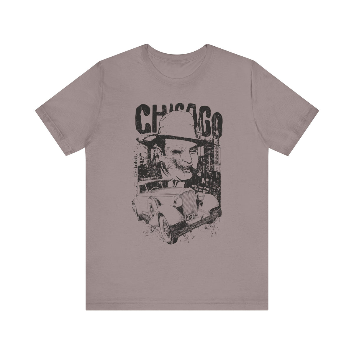 Chicago Retro Mobster Illustration Tee Vintage Car Cityscape Art Design Unisex Cotton T-Shirt A-8