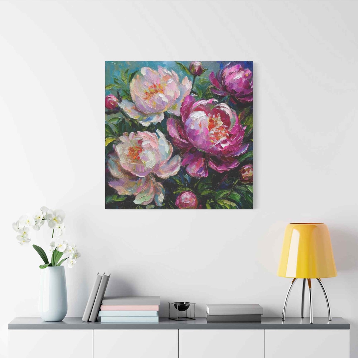 Pink Peonies Print Canvas, Floral Oil Paint Print 20x20, 24x24, 30x30, 32x32, 36x36 Art Design Pine-Wood Inner Frame MC-115