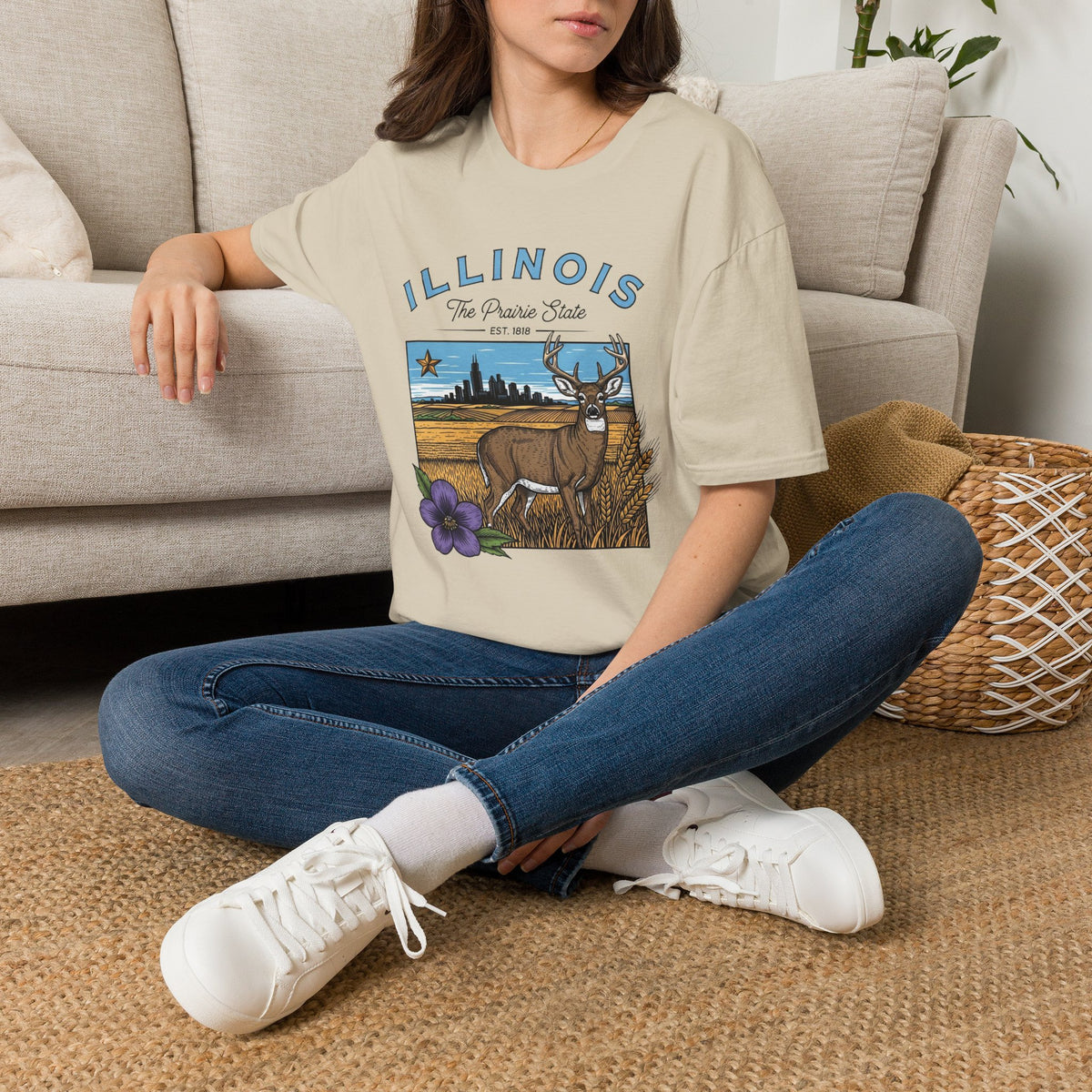 Illinois Deer State T-Shirt — The Prairie State Travel Tourist Graphic Design Unisex 100 Cotton Gildan T-Shirt