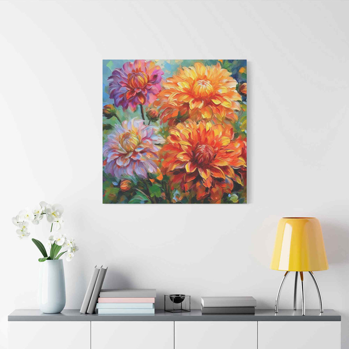 Dahlias Floral Print Canvas, Floral Oil Paint Print 20x20, 24x24, 30x30, 32x32, 36x36 Art Design Pine-Wood Inner Frame MC-166