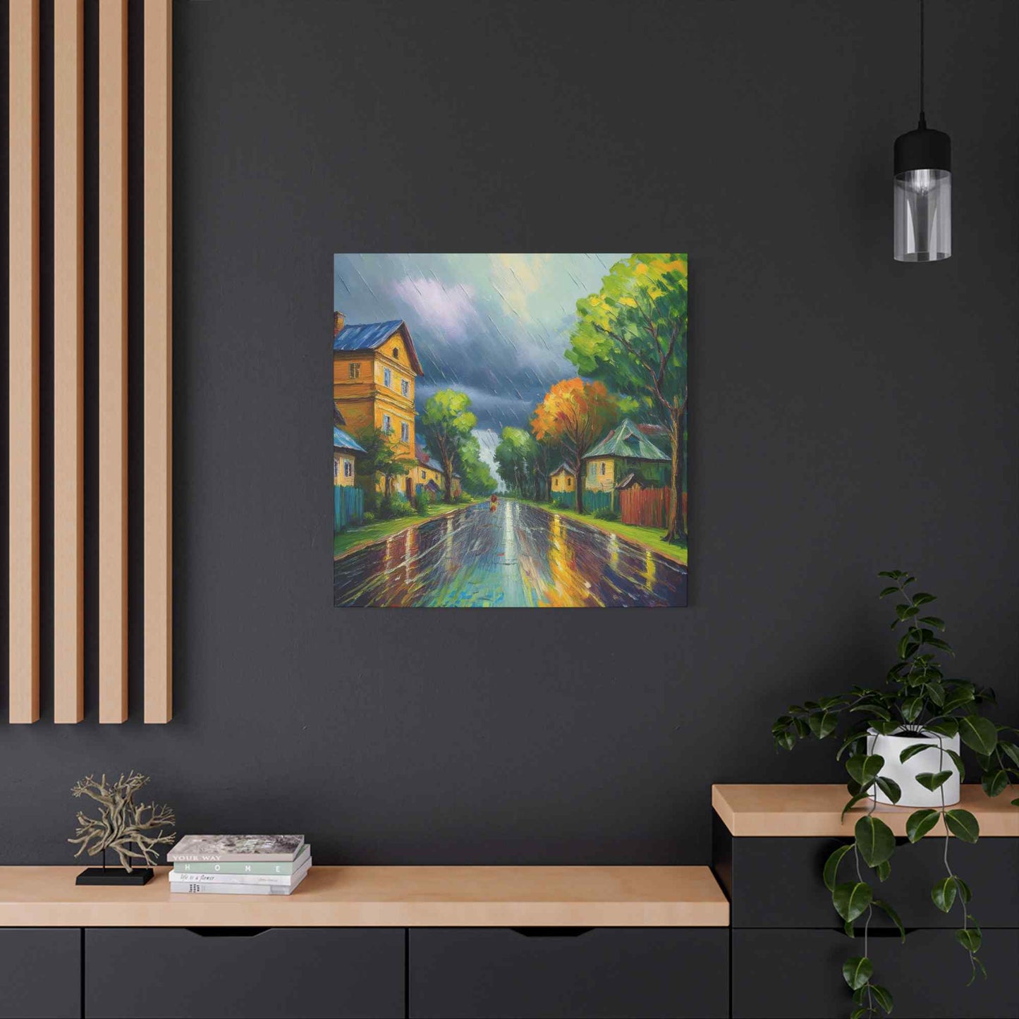 Rainy Village Street Canvas, Matte Oil Paint Print 20x20, 24x24, 30x30, 32x32, 36x36, Art Design Print Non-Frame MC-1